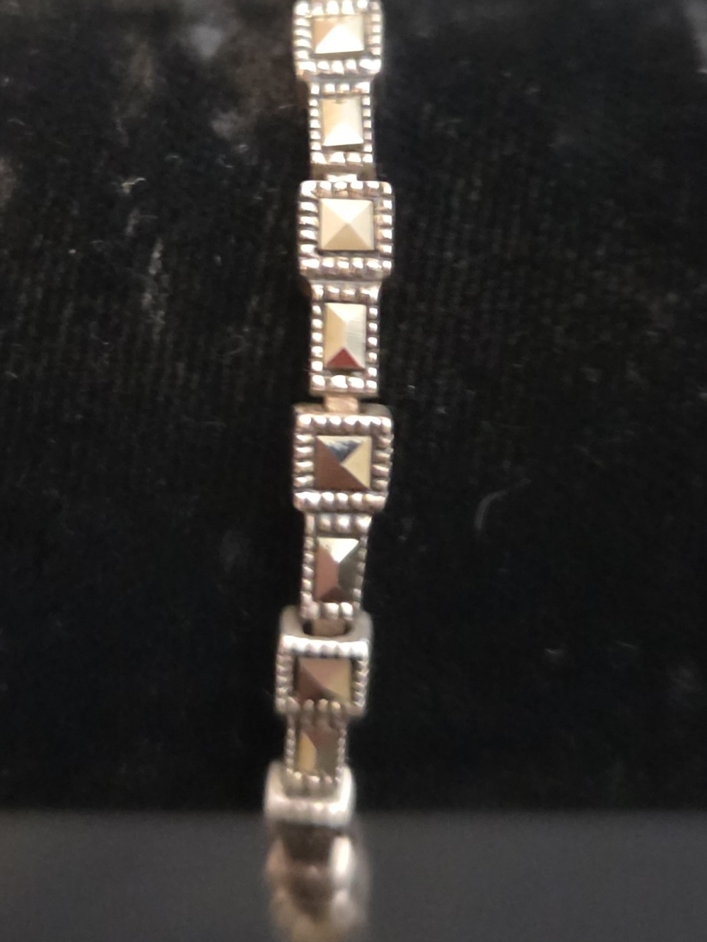 Vintage 925 Sterling Silver Marcasite Square Link Bracelet Thailand